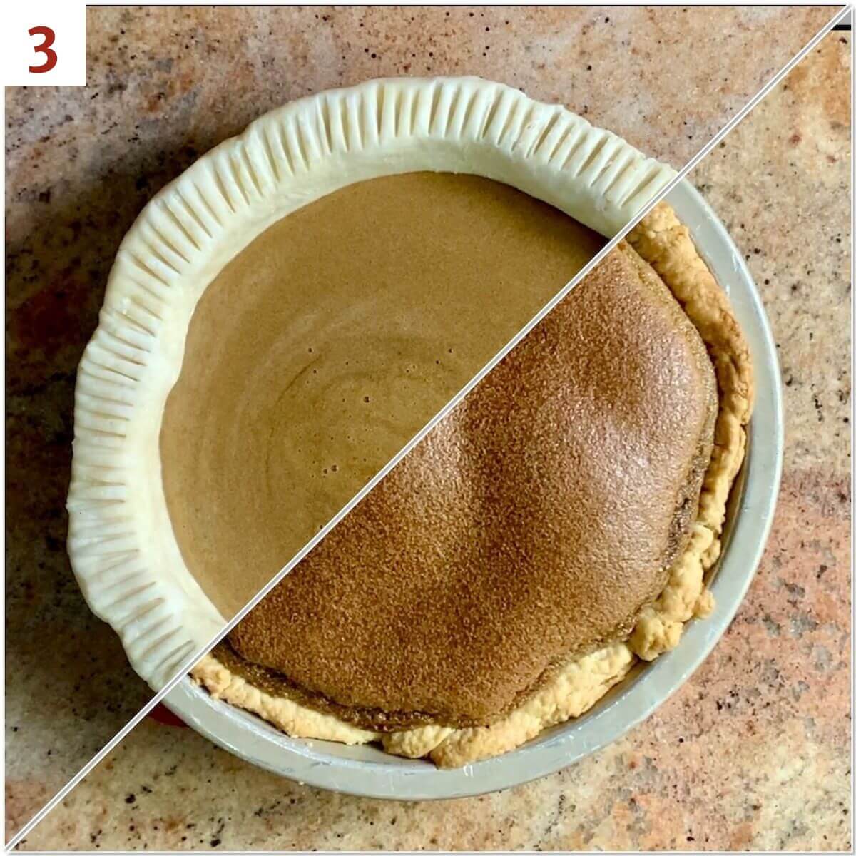 Collage of Brown Sugar Pie before & after baking from overhead.