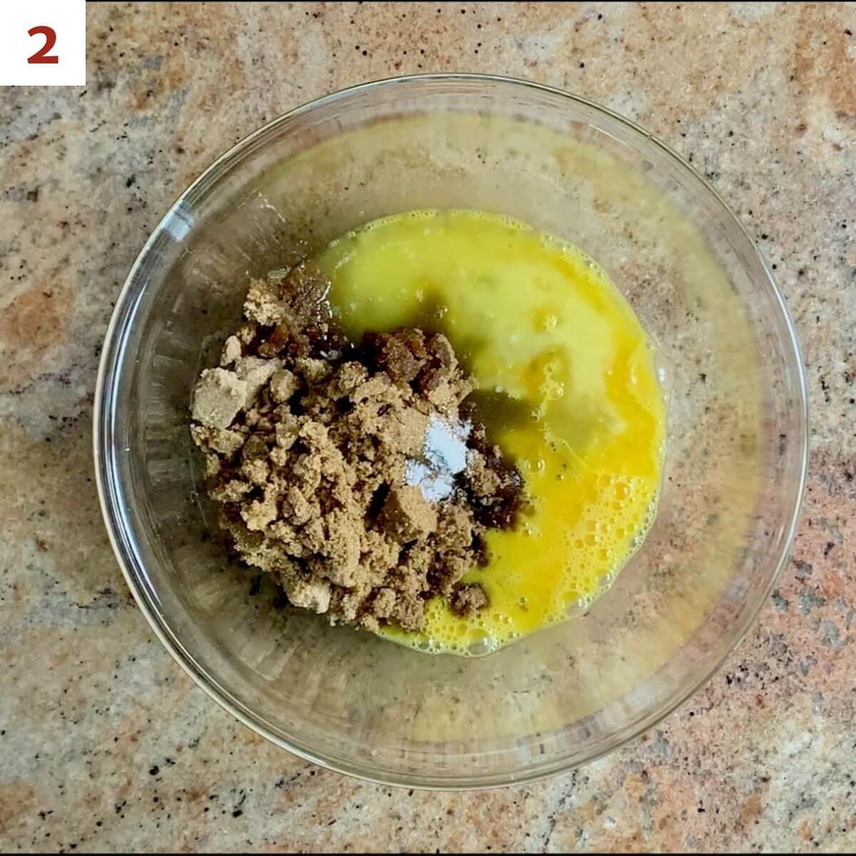 Brown Sugar Pie filling ingredients in a glass bowl before whisking.