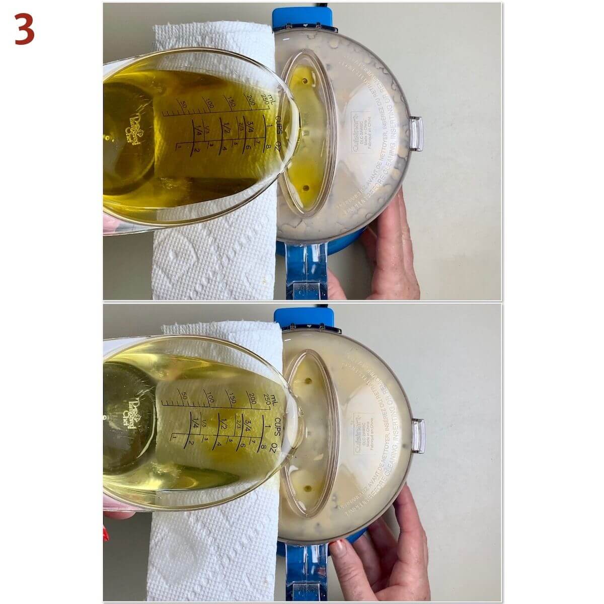 Collage of drizzling oils into the top of a food processor.