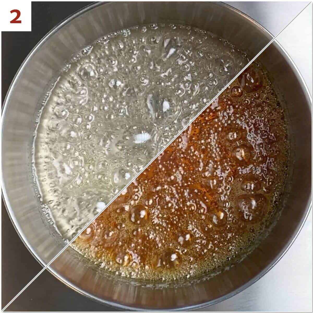 Collage of before and after caramelizing sugar.