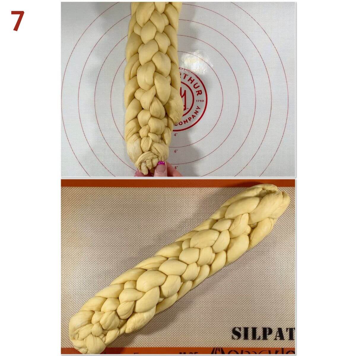 Collage of tucking the ends of the braid under and transferring to baking sheet.