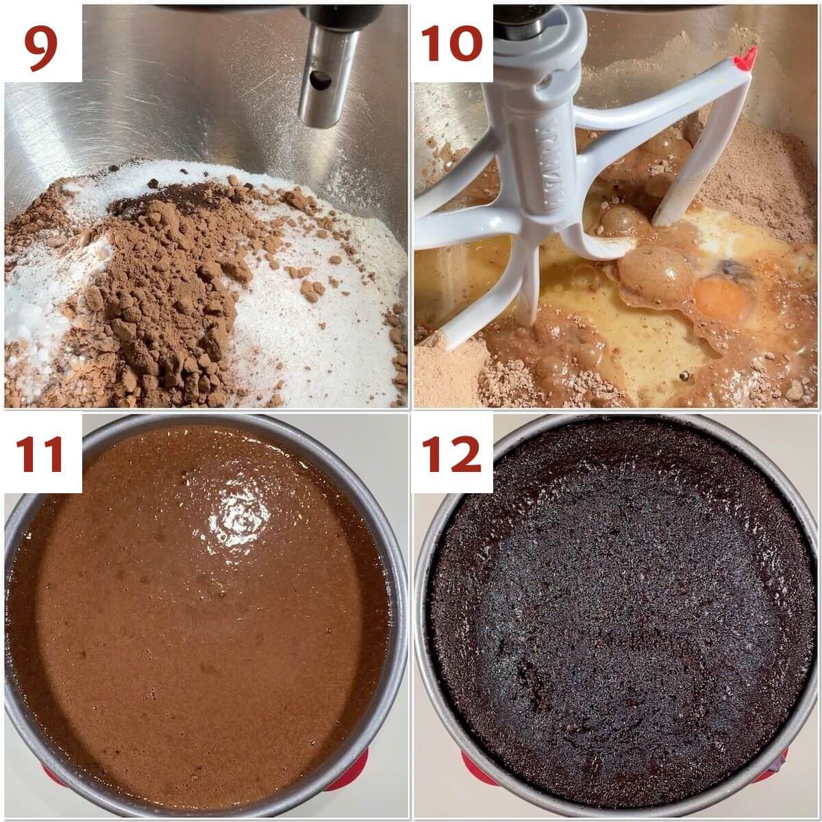 Collage of mixing chocolate cake batter & before & after baking.