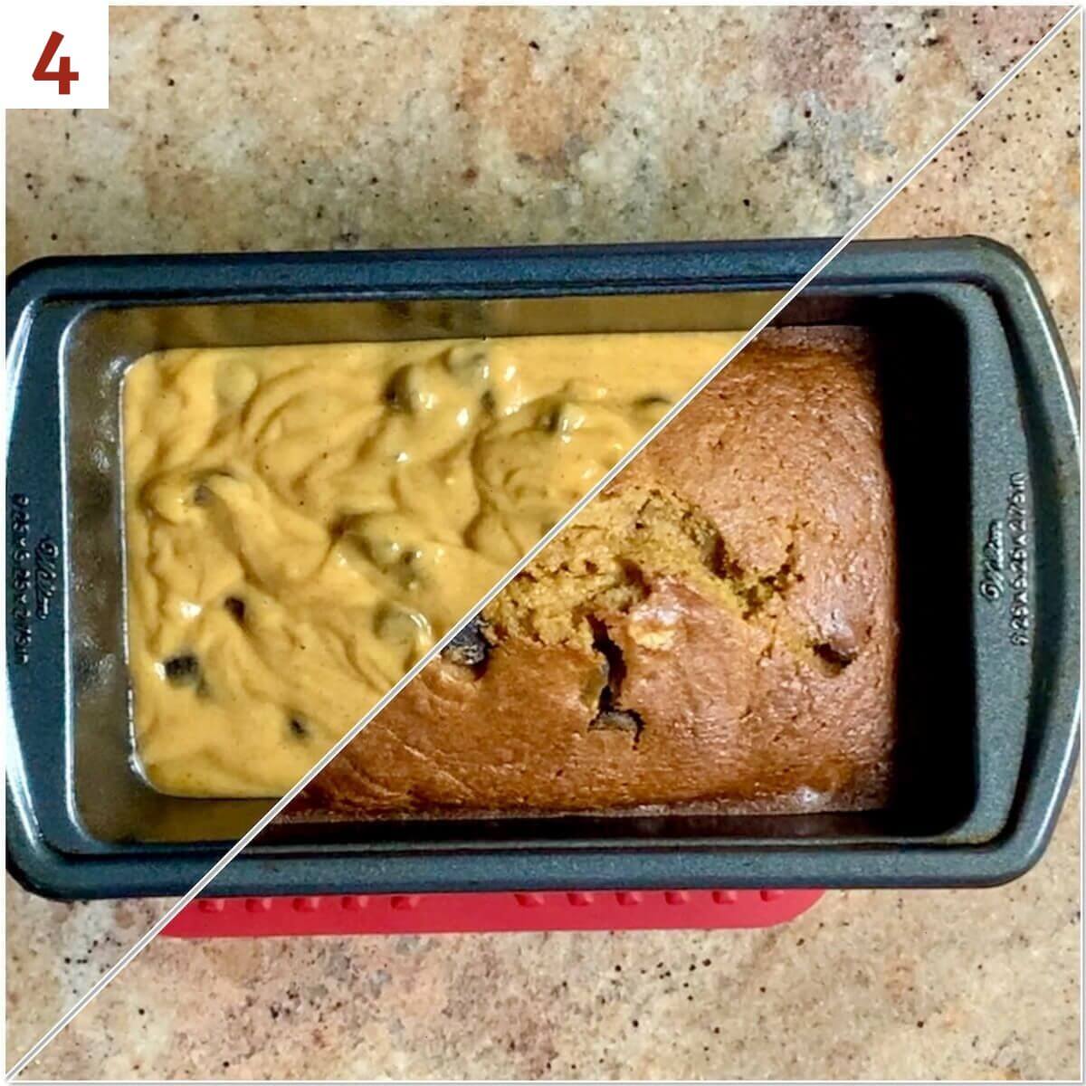 Collage of Pumpkin Bread in a glass loaf pan before and after baking.