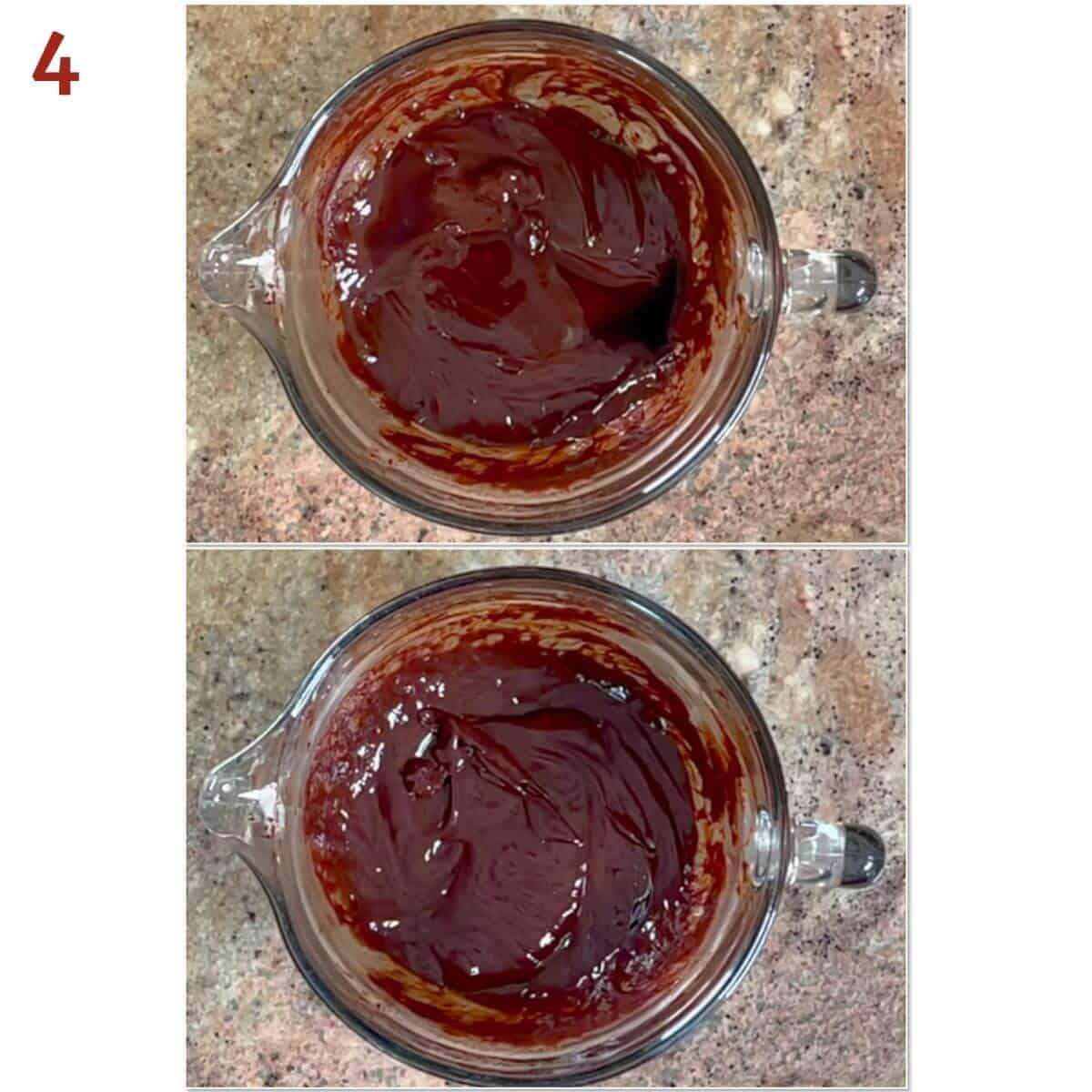 Collage of adding vanilla and corn syrup to chocolate ganache in a glass bowl.