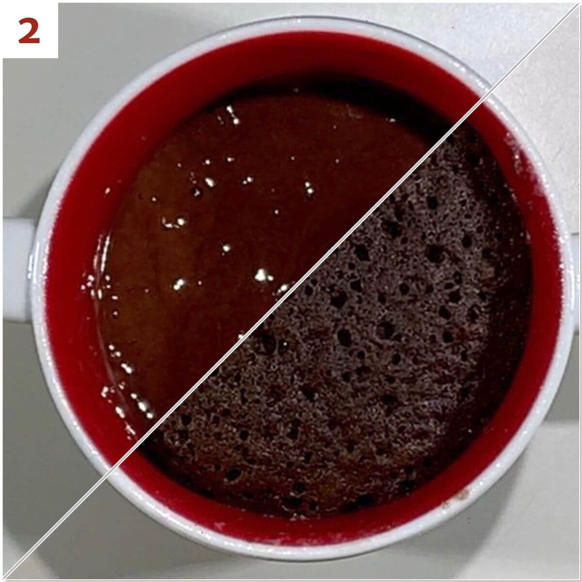 Collage of chocolate mug cake before & after baking.