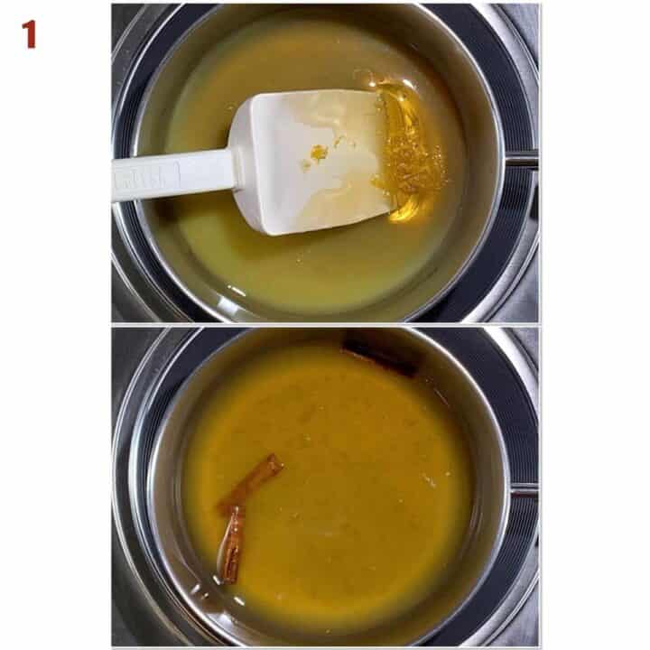 Collage of combining honey, orange, and cinnamon sticks for the honey syrup.