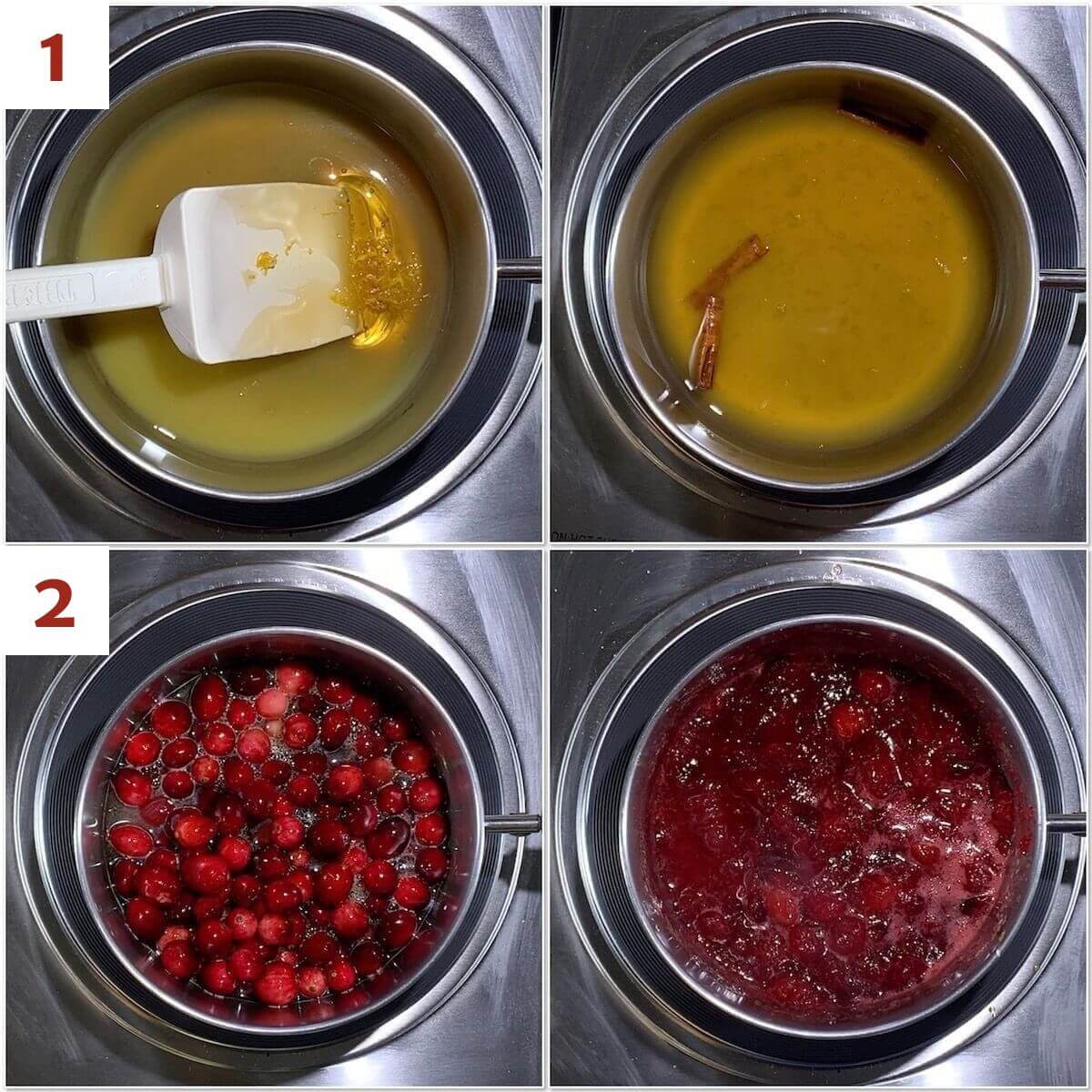 Collage of making orange cranberry sauce on the stove.