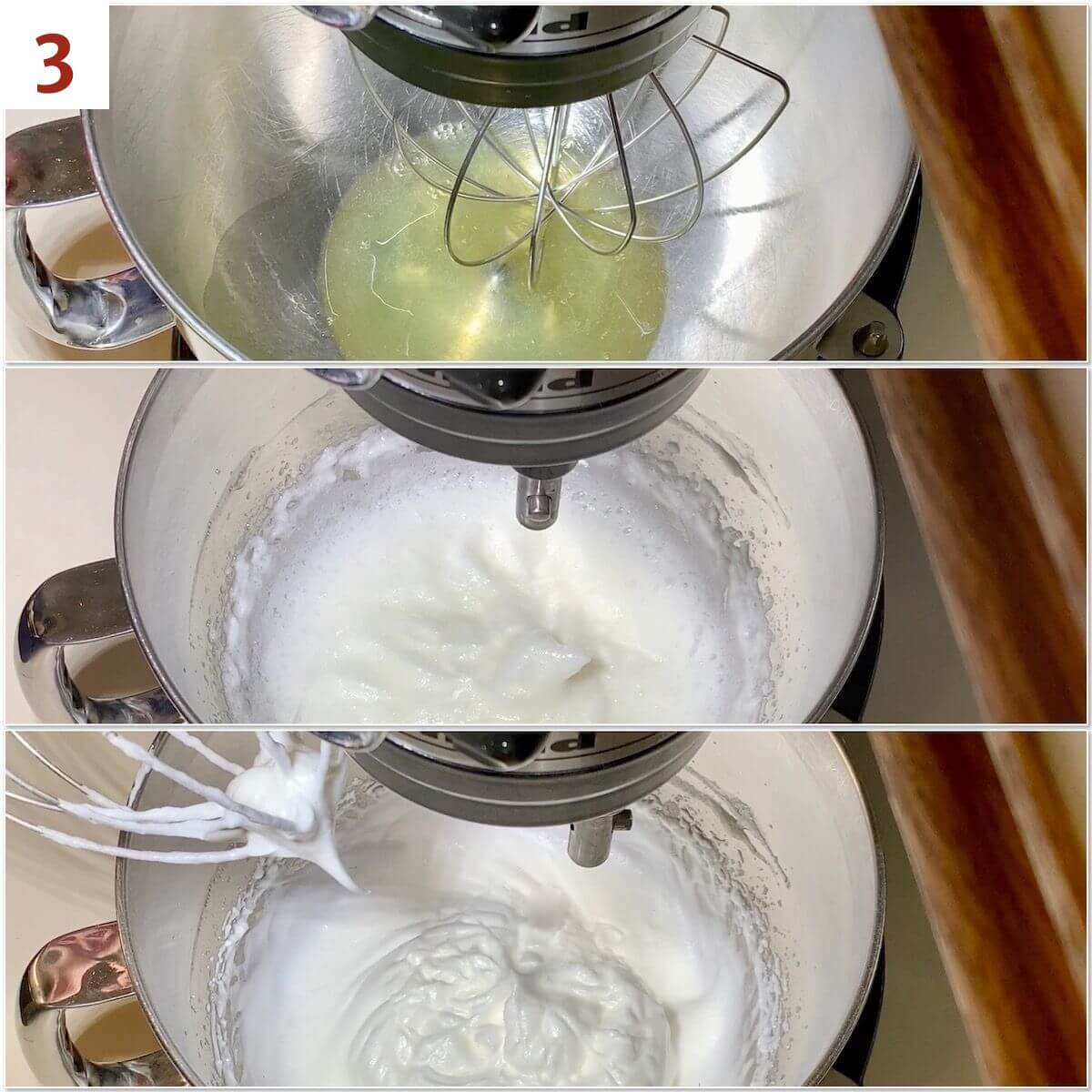 Collage of whipping egg whites for meringue.