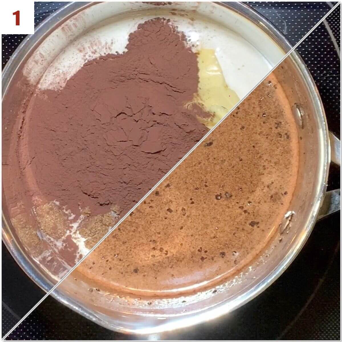 Collage of hot fudge cocoa mixture before and after melting.