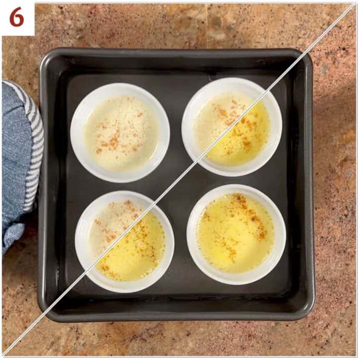 Collage of the baked egg custards in a water bath before and after baking.