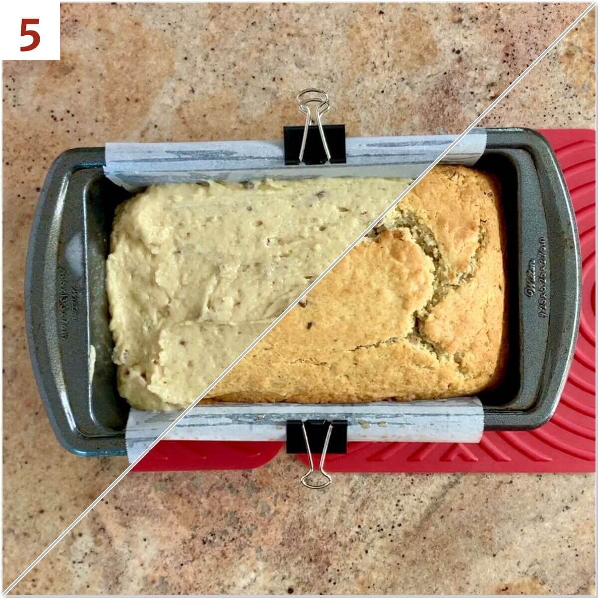 Collage of eggnog bread before & after baking.