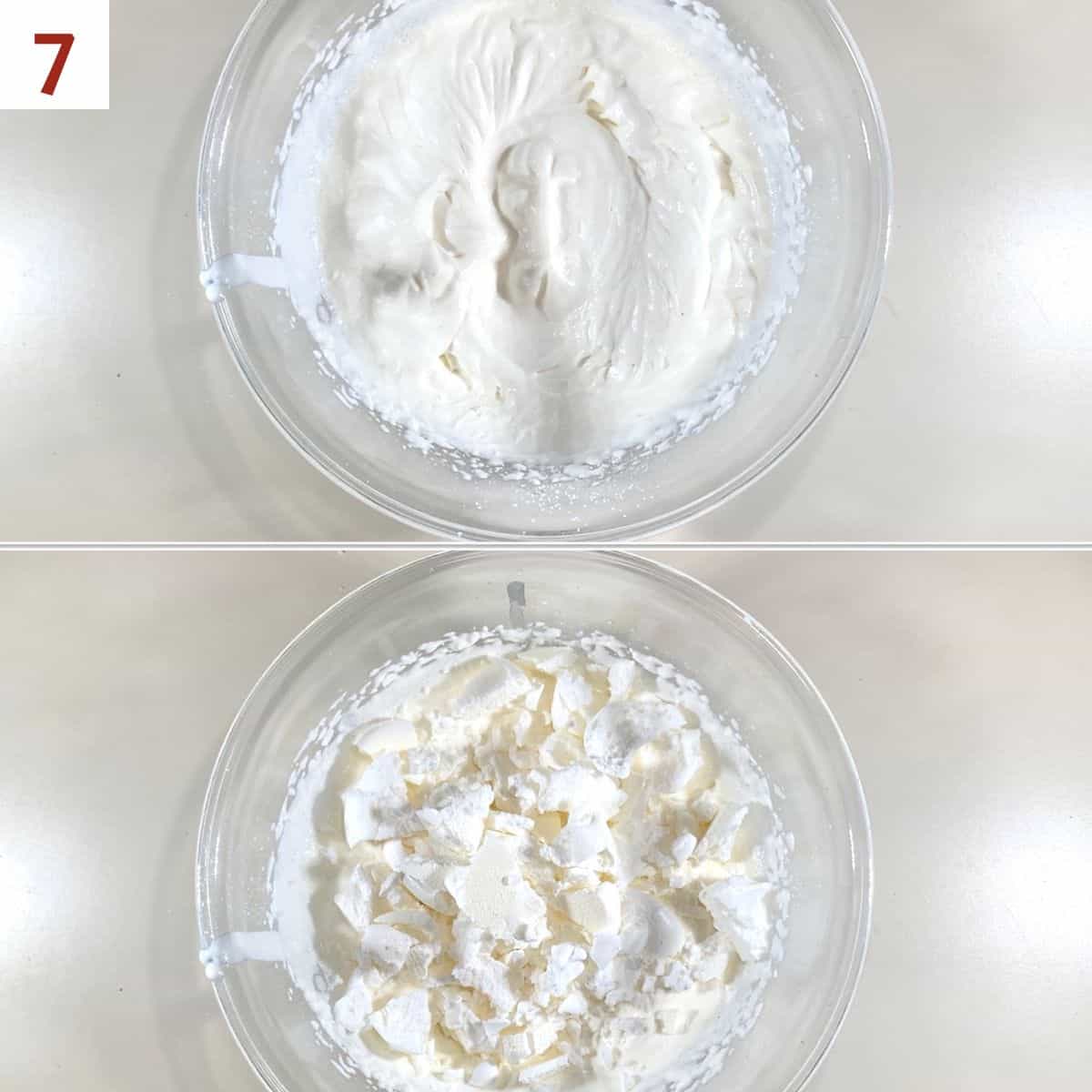 Collage of mixing whipped cream and crushed meringue cookies.