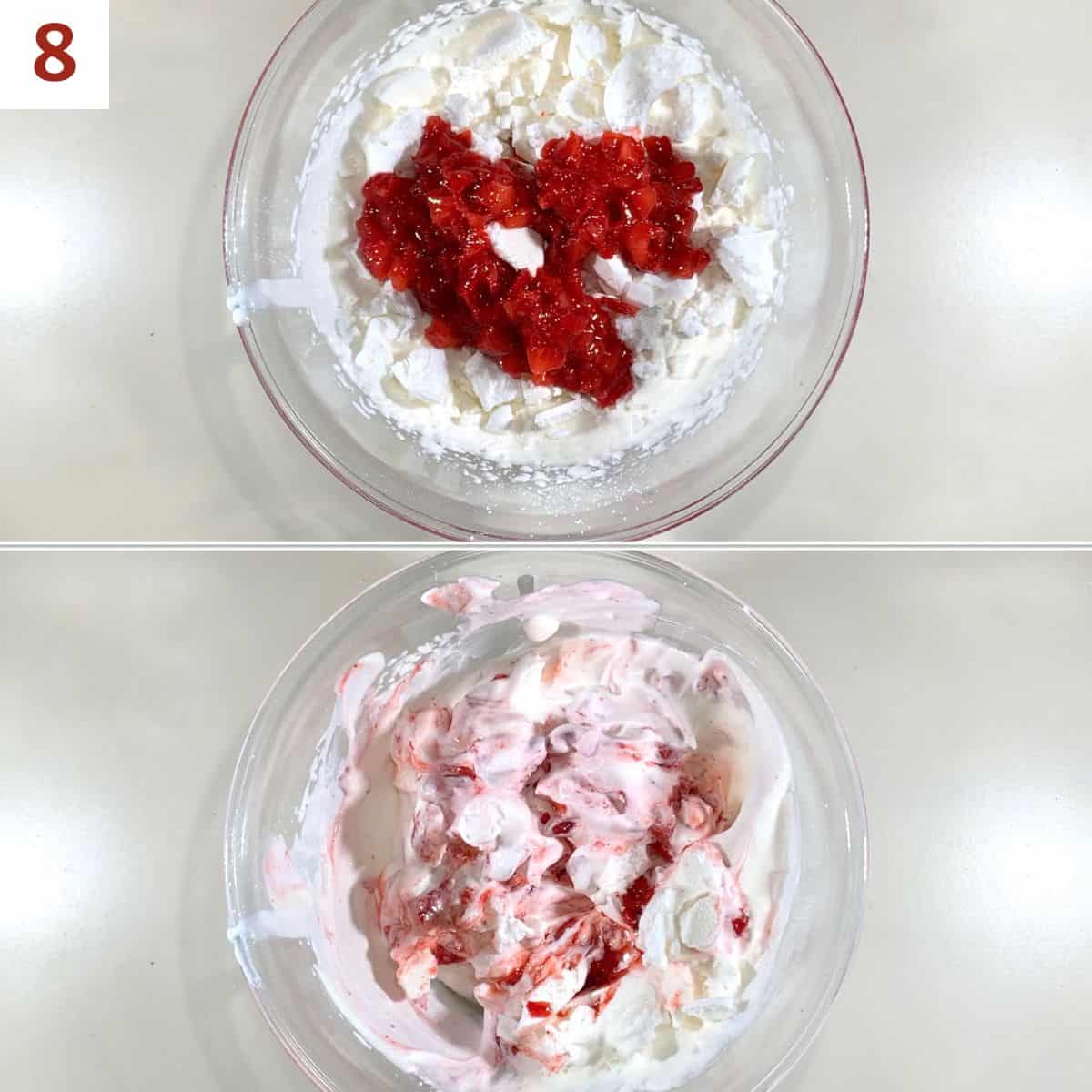 Collage of adding strawberries to whipped cream mixture.