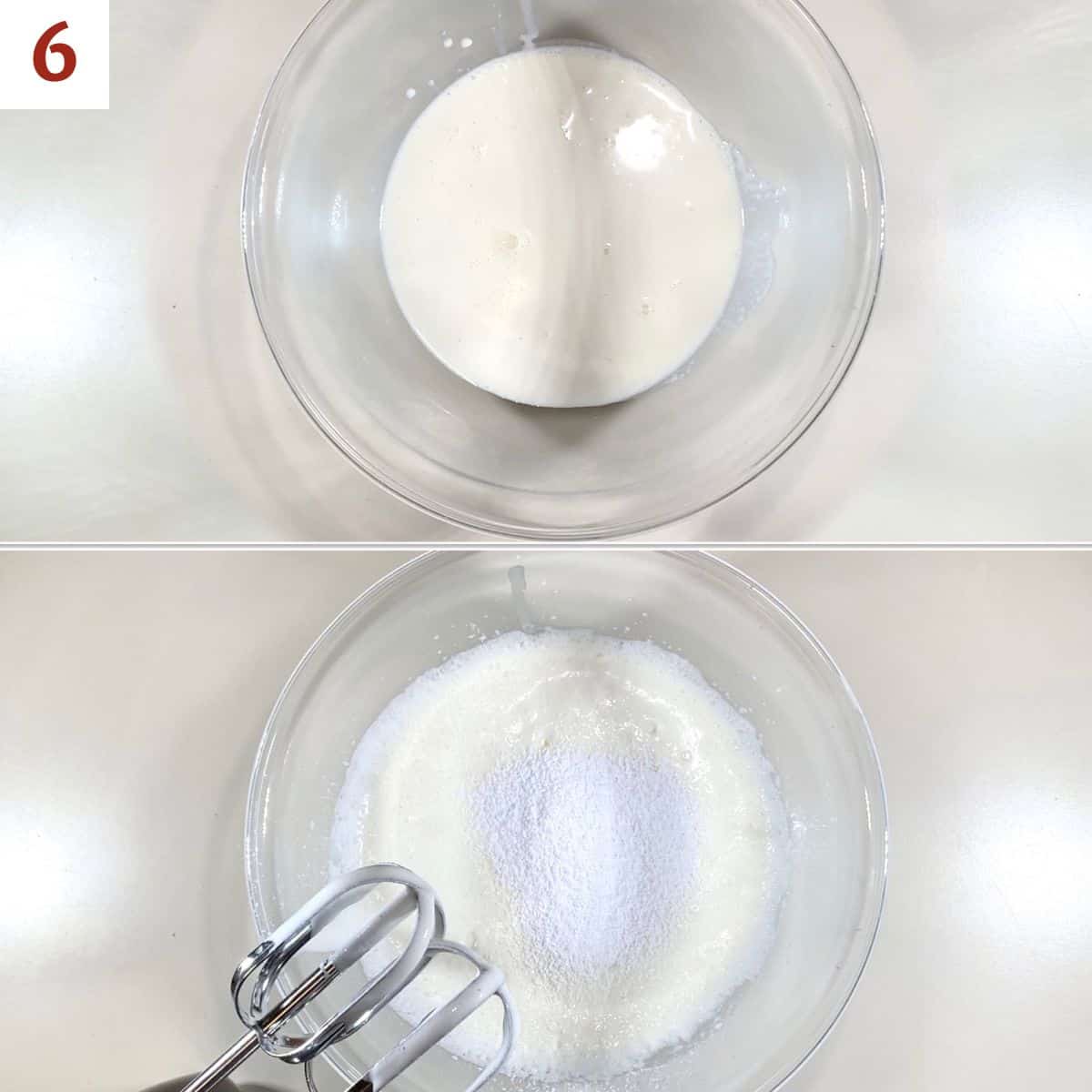 Collage of whipping heavy cream and powdered sugar in a glass bowl.