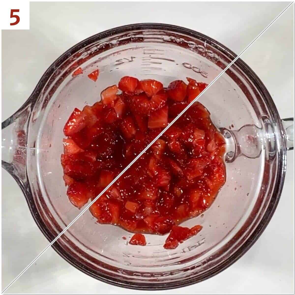 Collage of before and after crushing strawberries in a glass bowl.