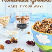 Granola in a bowl next to ingredients portioned into glass bowls Pinterest banner.