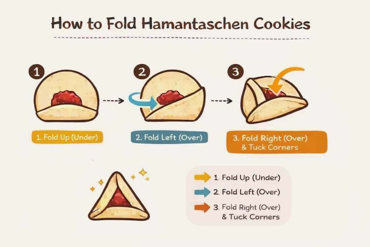 Infographic showing the steps for folding hamantaschen cookies.