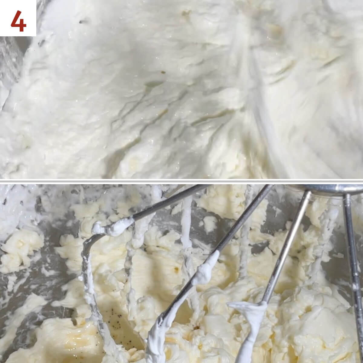 Collage of before and after adding butter to Italian Meringue Buttercream.