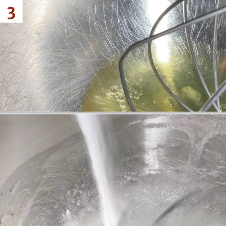 Collage of whipping egg whites into meringue.