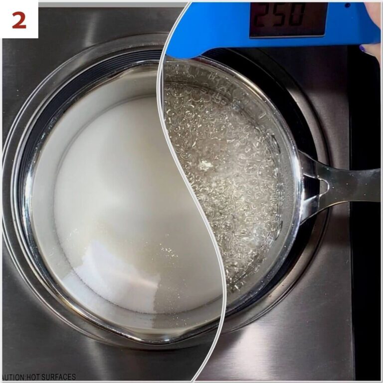 Collage of boiling sugar syrup.