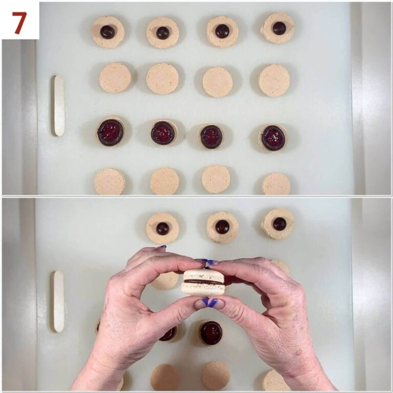 Collage of filling Italian Meringue Macarons with ganache.