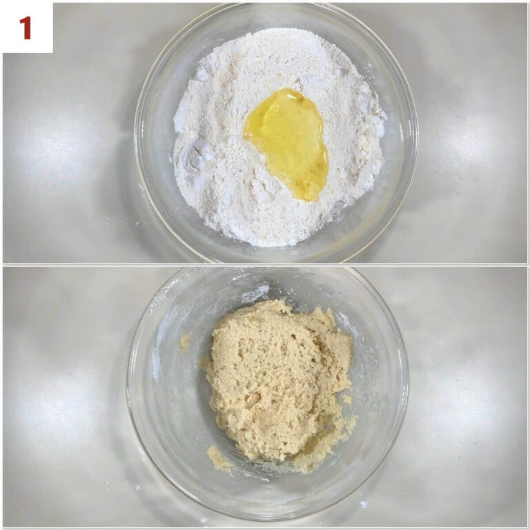 Collage of stirring powdered sugar, almond flour, and egg whites into paste.