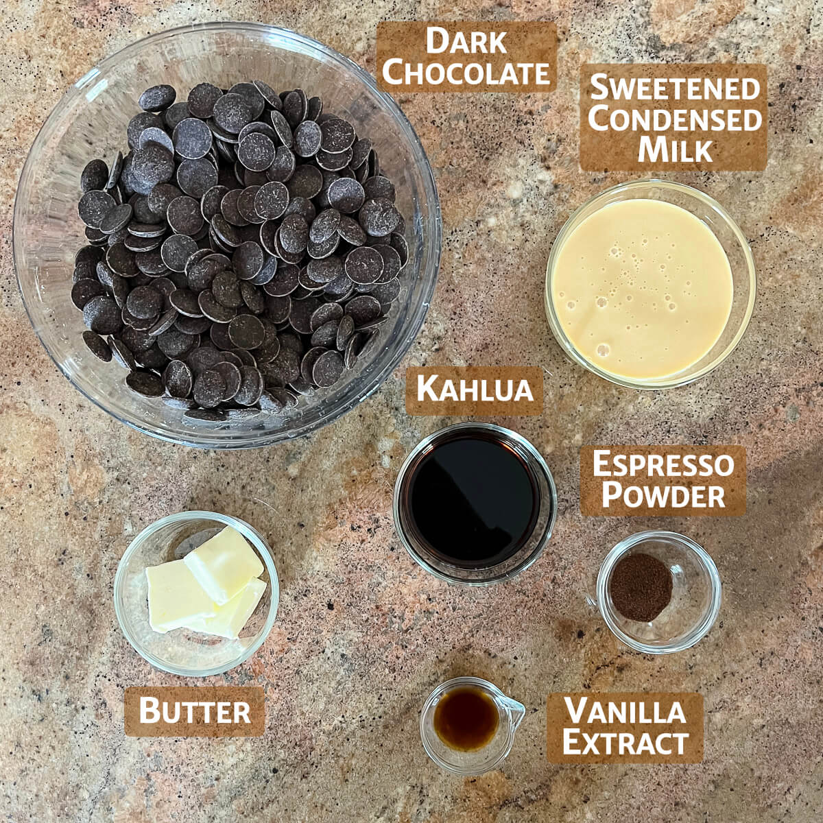 Kahlua Chocolate Fudge ingredients portioned into glass bowls.