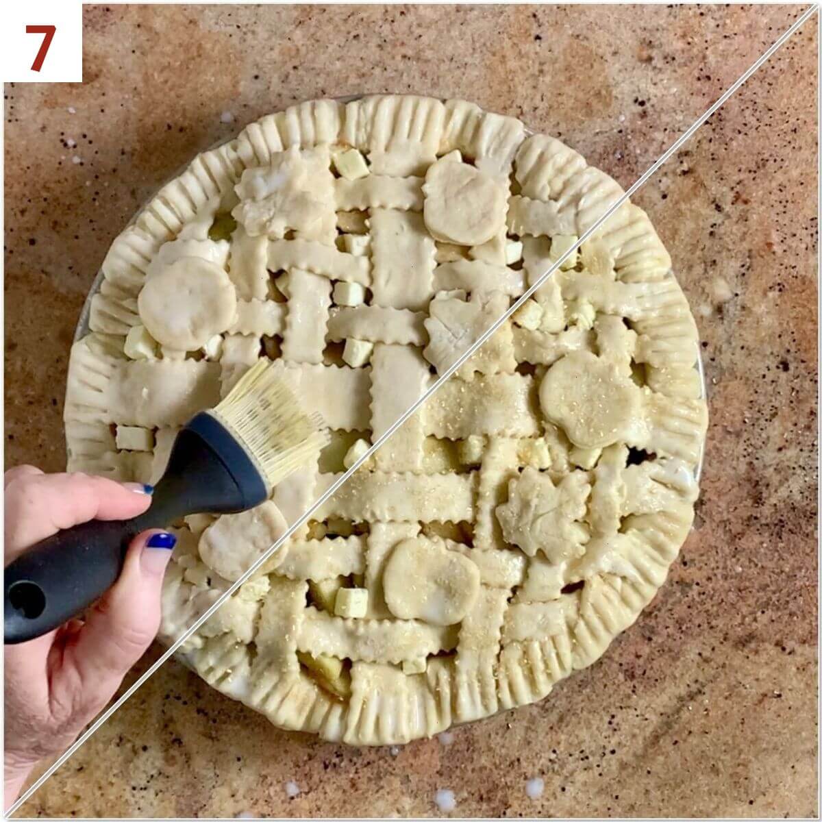 Collage of brushing top of lattice with milk and sprinkled with sugar.