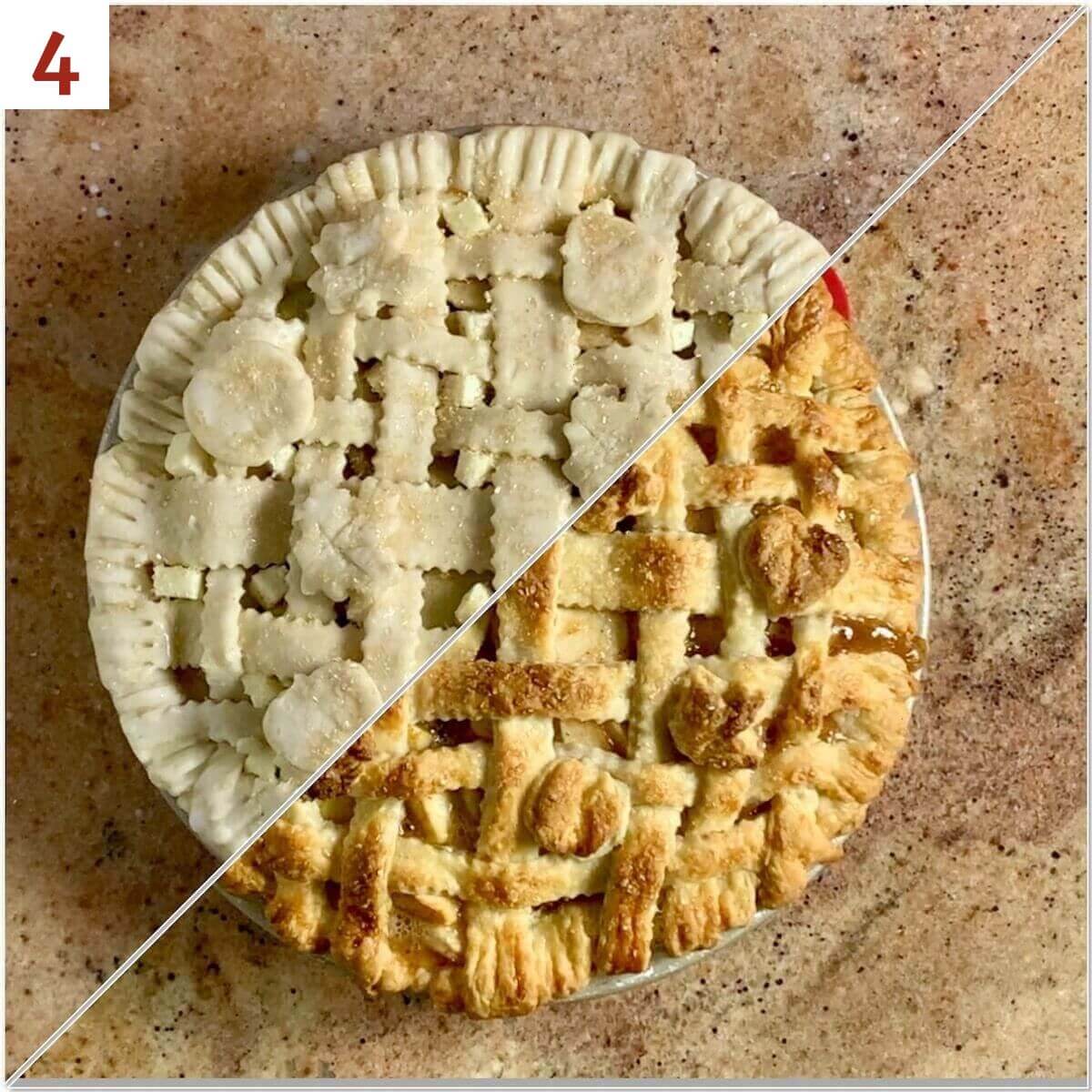 Collage of lattice topped apple pie before and after baking.