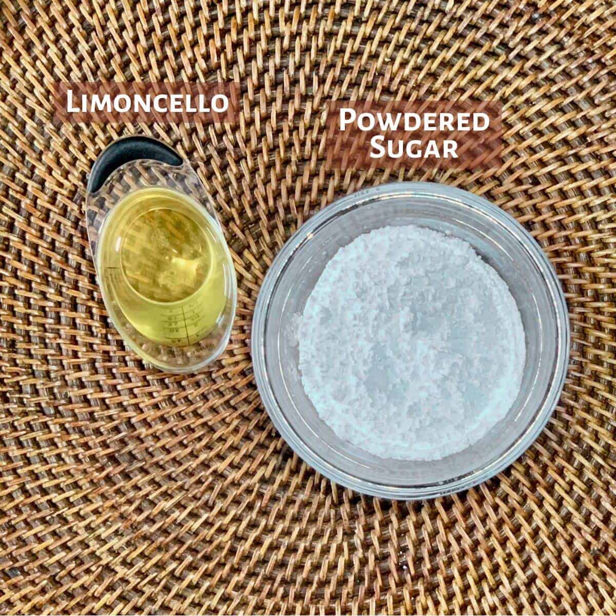 Limoncello glaze ingredients portioned into glass bowls on a woven tray from overhead.