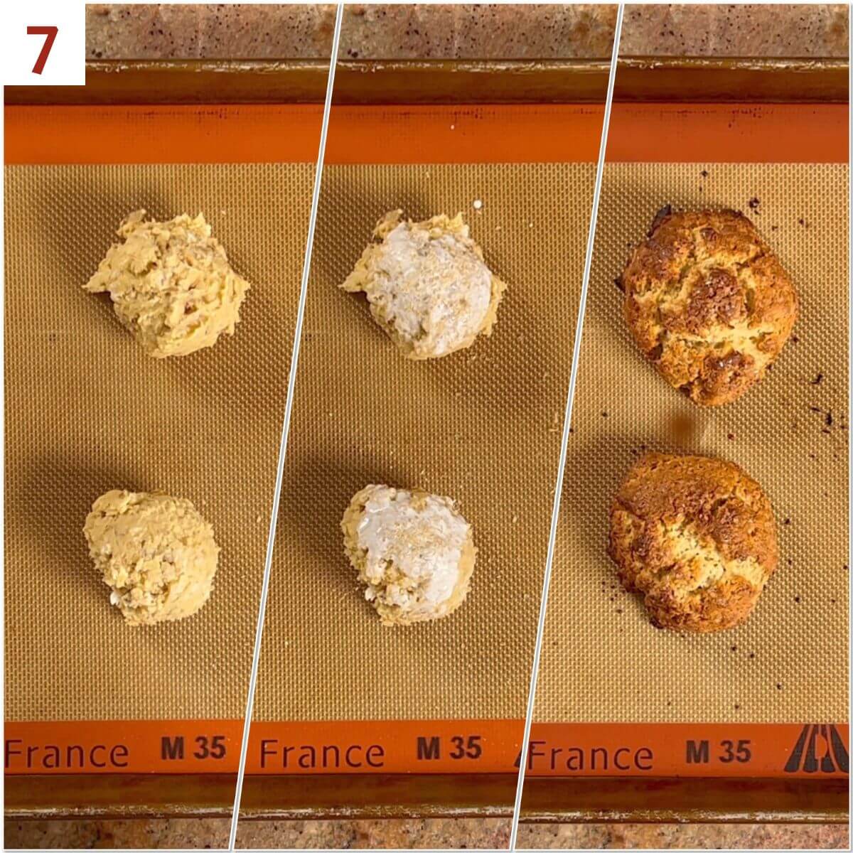 Collage of scones unbaked, brushed with cream and sprinkled with coarse sugar, and after baking.