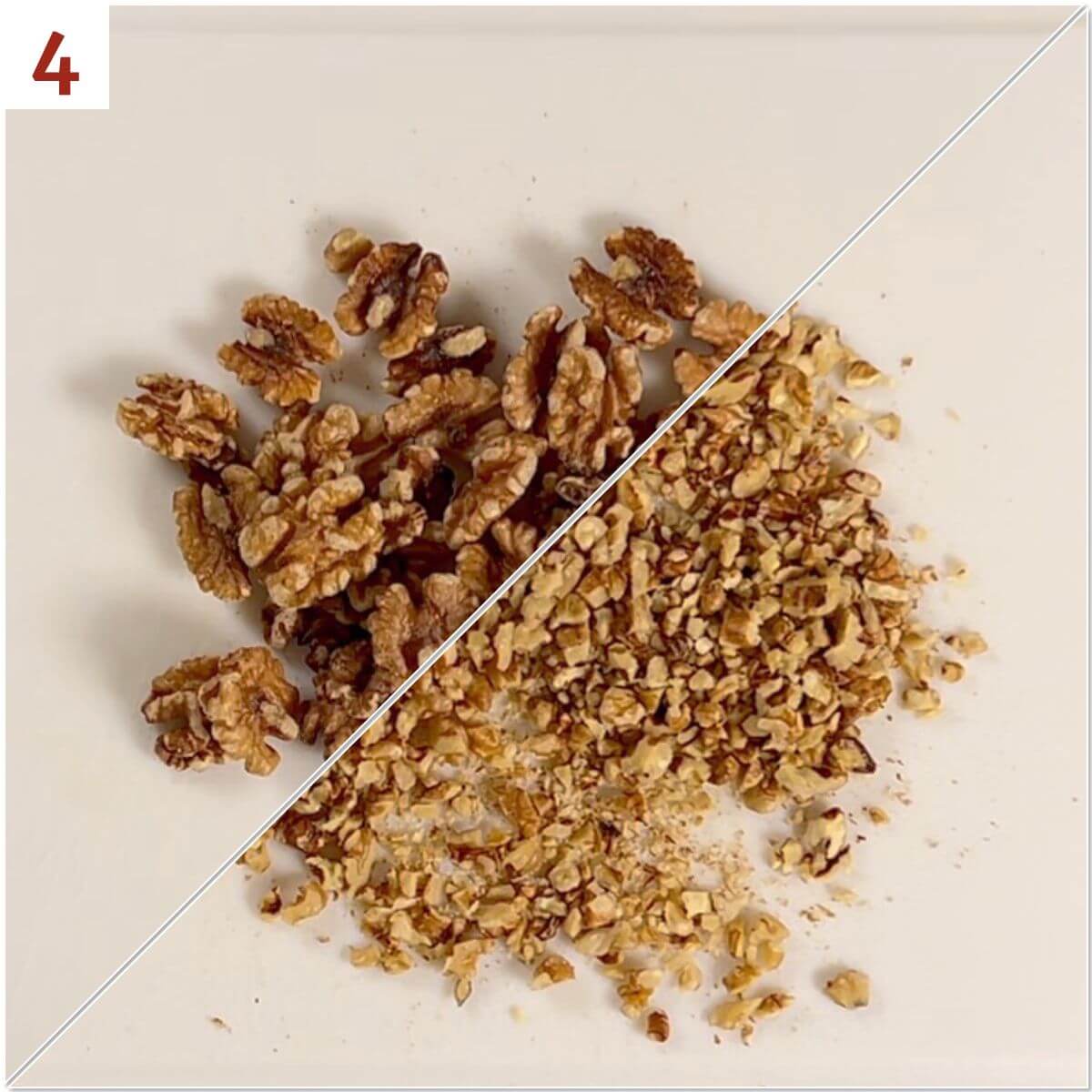 Collage of walnuts on a cutting board before and after chopping.