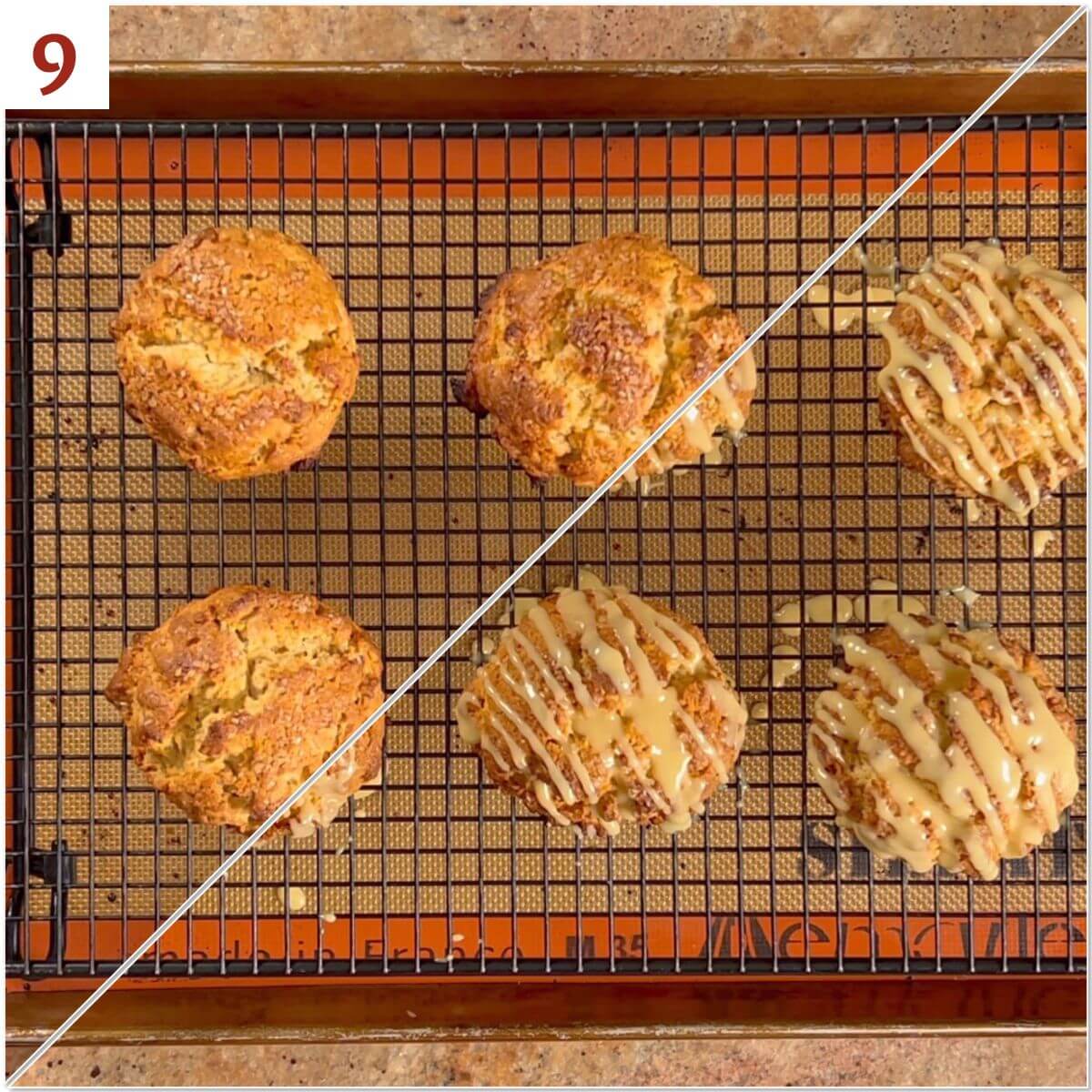Collage of maple walnut scones on a cooling rack before & after drizzling with maple icing.