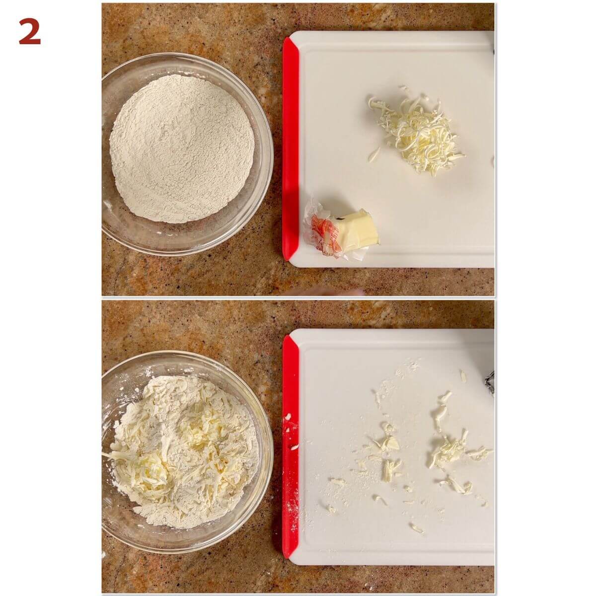 Collage of grating butter into flour mixture.