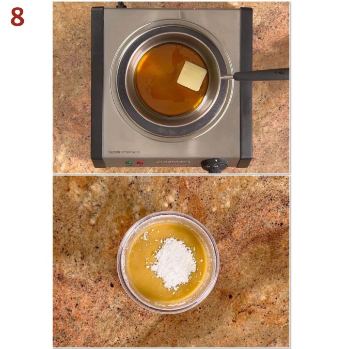 Collage of making melting butter with maple syrup and adding to powdered sugar.