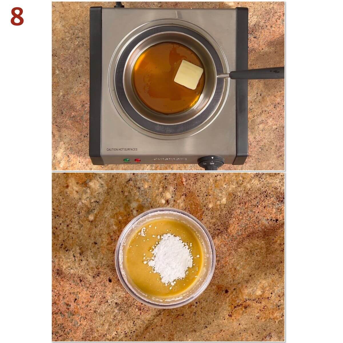 Collage of making melting butter with maple syrup and adding to powdered sugar.