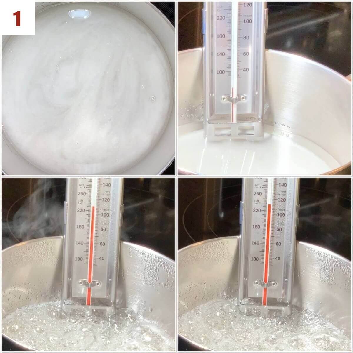 Collage of heating sugar syrup showing temperature rising on a candy thermometer.