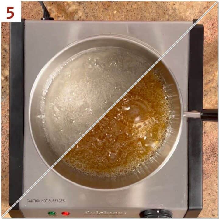 Collage of before and after caramelizing the sugar.