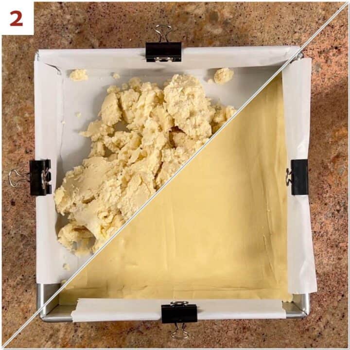 Collage of before and after pressing shortbread dough into a baking pan.