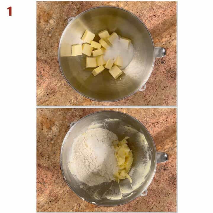 Collage of butter, sugar, flour, and salt in a metal mixing bowl.