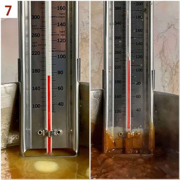Collage of showing the before and after temperature of cooking the caramel to soft-ball stage.