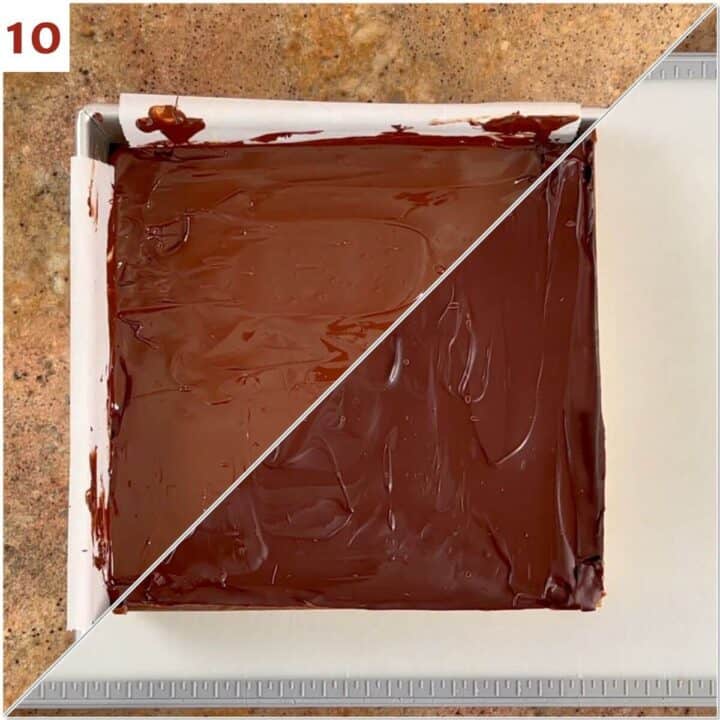 Collage of before and after chilling the melted chocolate.