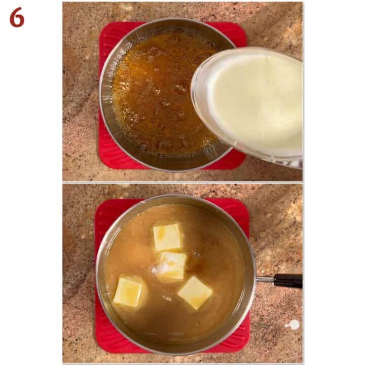 Collage of adding heavy cream, butter, vanilla, and salt to the caramelized sugar.