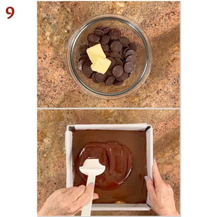 Collage of chocolate wafers with butter and spreading the melted chocolate onto the chilled caramel.