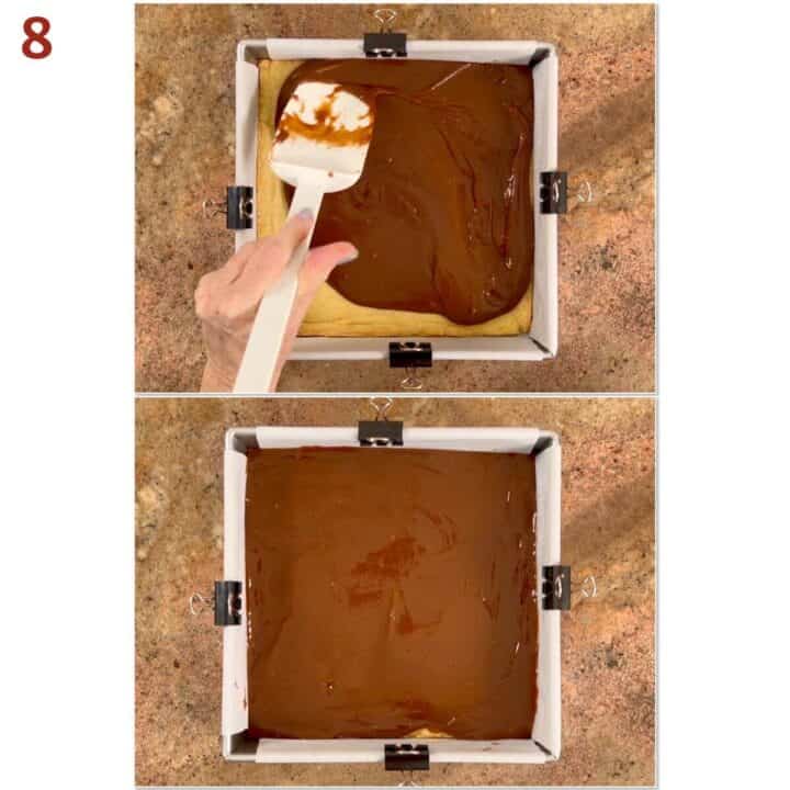 Collage of spreading the caramel on the shortbread base.