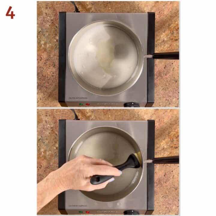 Collage of starting the sugar caramelization and wiping down the sides of the saucepan.