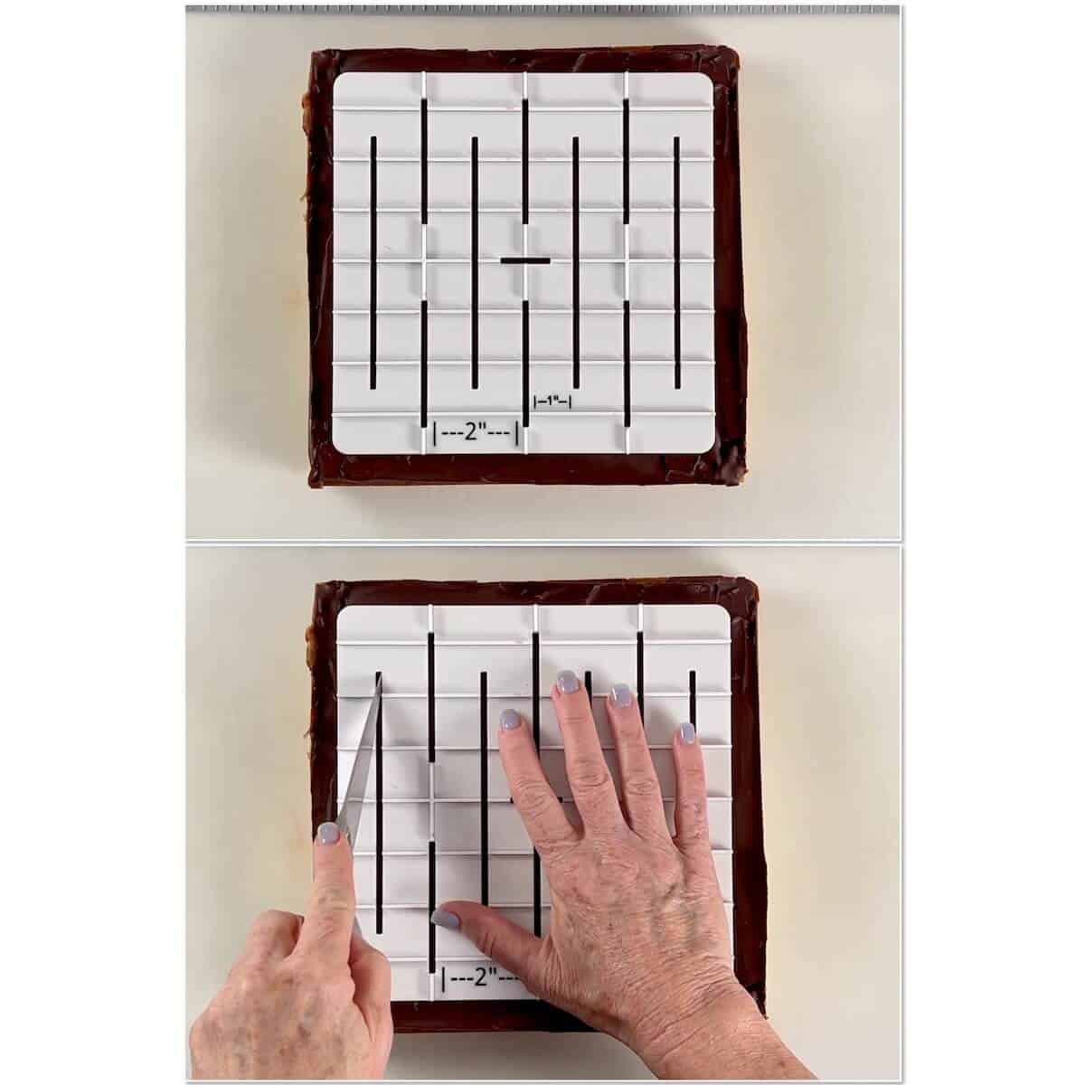 Collage of using a cutting template to score the slab.