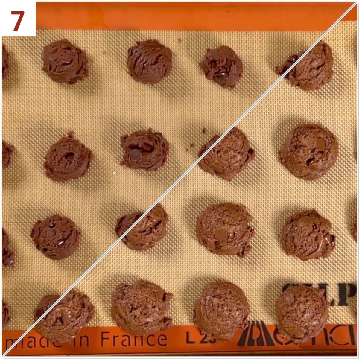 Collage of Mocha Chocolate Truffle Cookies before & after baking.