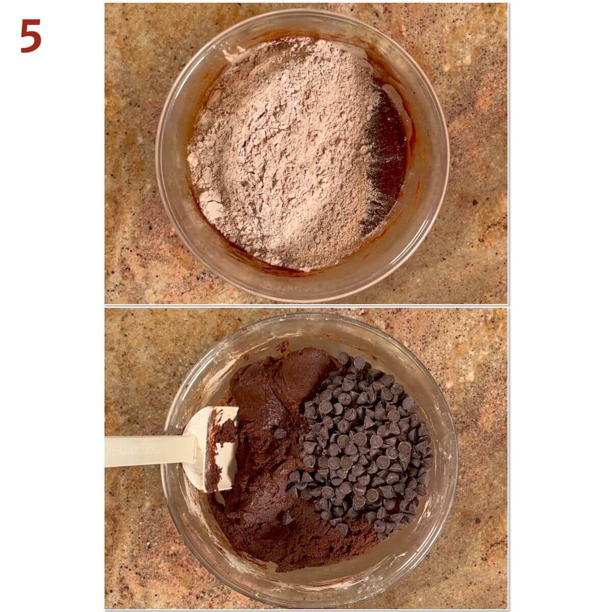 Collage of adding the flour mixture, then the chocolate chips to the chocolate mixture.