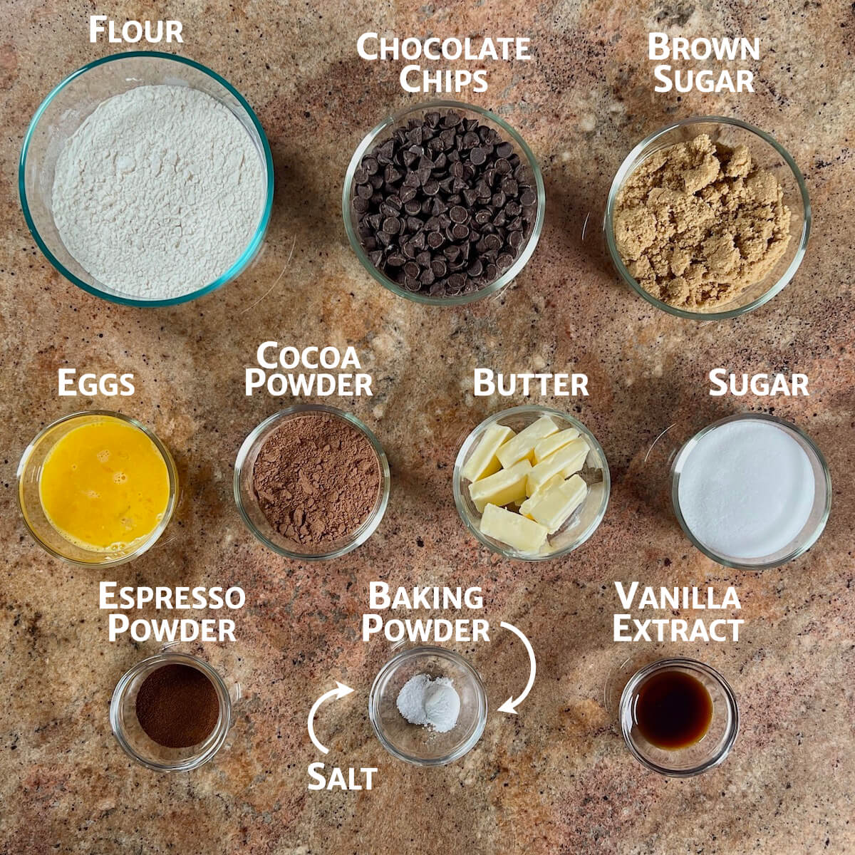 Mocha Chocolate Truffle Cookies ingredients portioned into glass bowls.